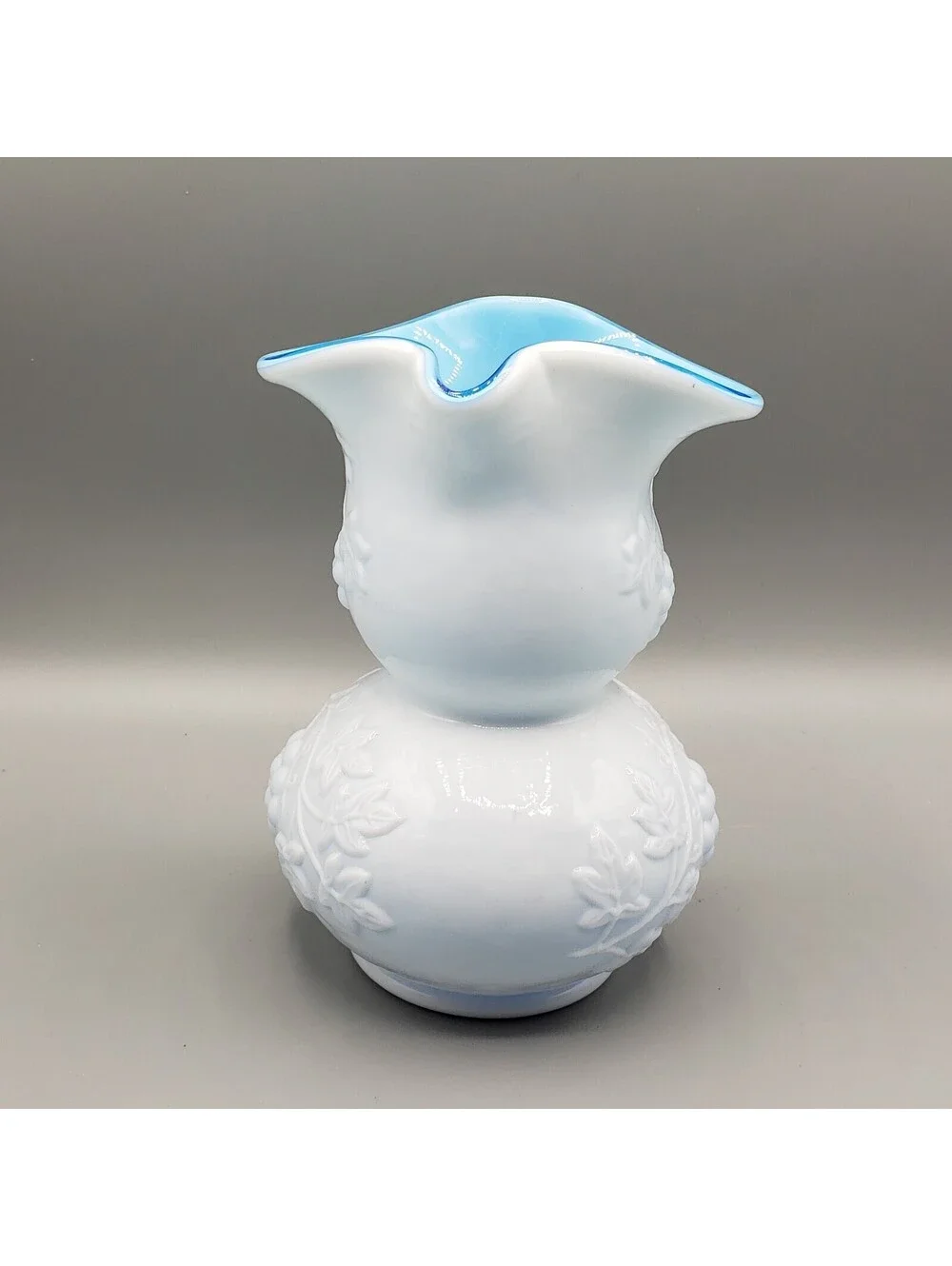Vintage Kanawha Pitcher Vase Grapes Cased Glass White On Blue Pinched Spout USA